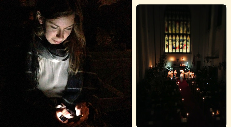 lucia-optog og lys i kirke